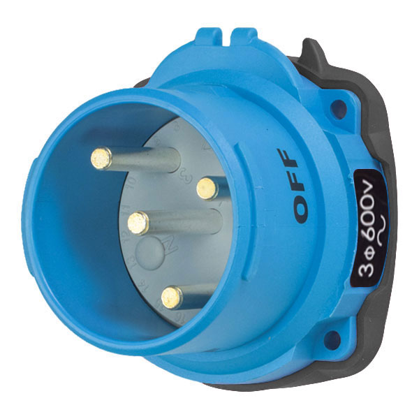 63-38143-A155 - DSN30 INLET POLY BLUE SIZE 2 TYPE 4X IP 69 3P+G 30A 600 VAC 60 Hz NO AUX WITH NO LOCKOUT HOLE